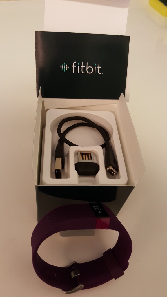 FitBit Charge HR Box Open with Bluetooth dongle and USB charge cable and manual