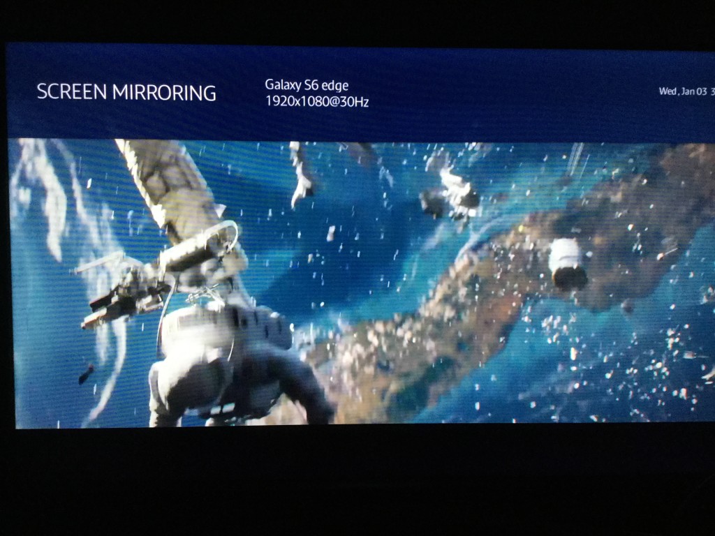 Gravity Movie on Samsung SmartTV Mirrored from Galaxy S6 Edge astronaut spinning
