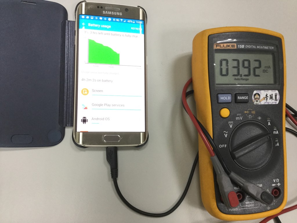 Lenovo 10W Charger Battery Charge Time Display with Multimeter showing Current with Samsung Galaxy S6 Edge
