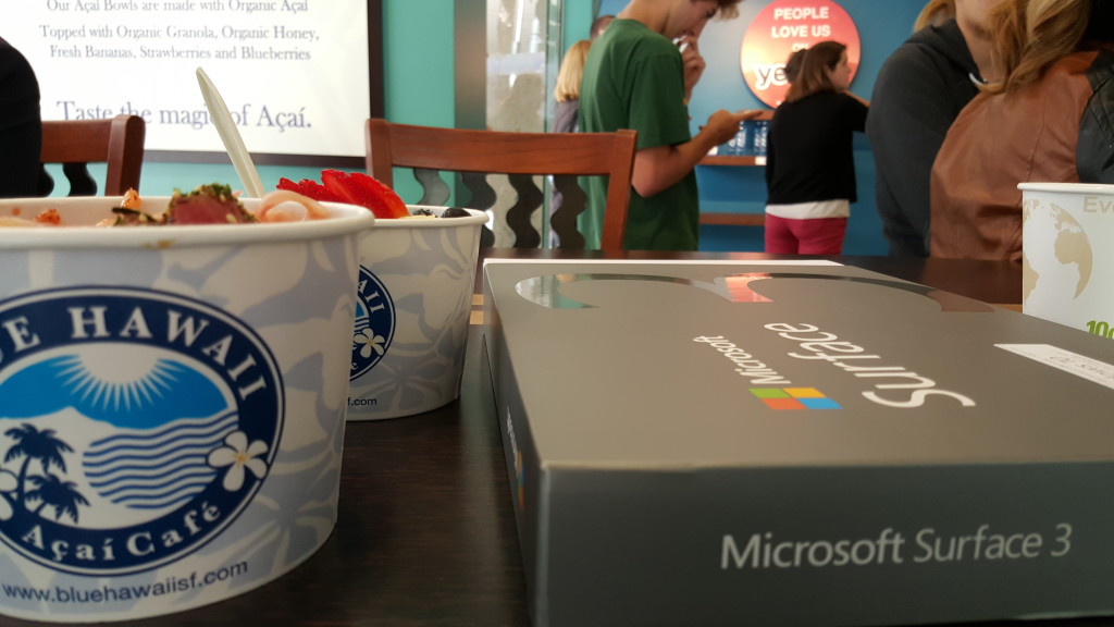 Poke and Acai bowl with Microsoft Surface 3 Blue Hawaii Acai Cafe San Francisco California with people