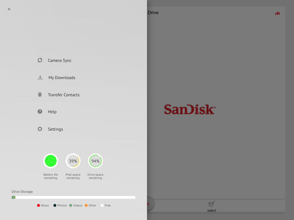 SanDisk iXpand Sync App settings view