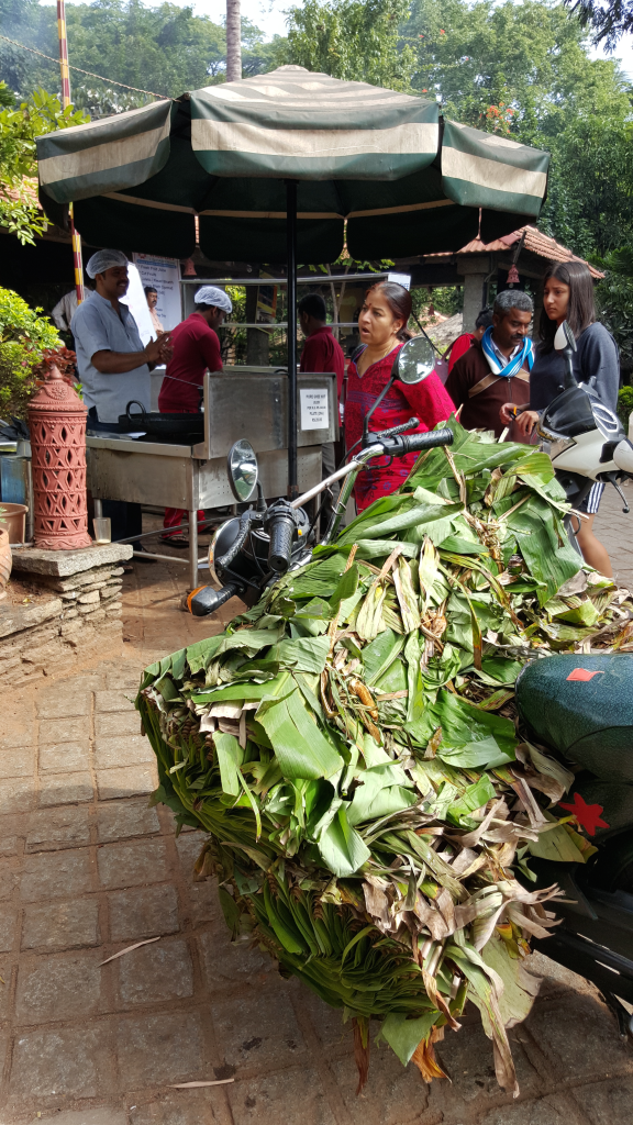 Banana leaf transport on motorcycle at restaurant between Mysore and Bangalore