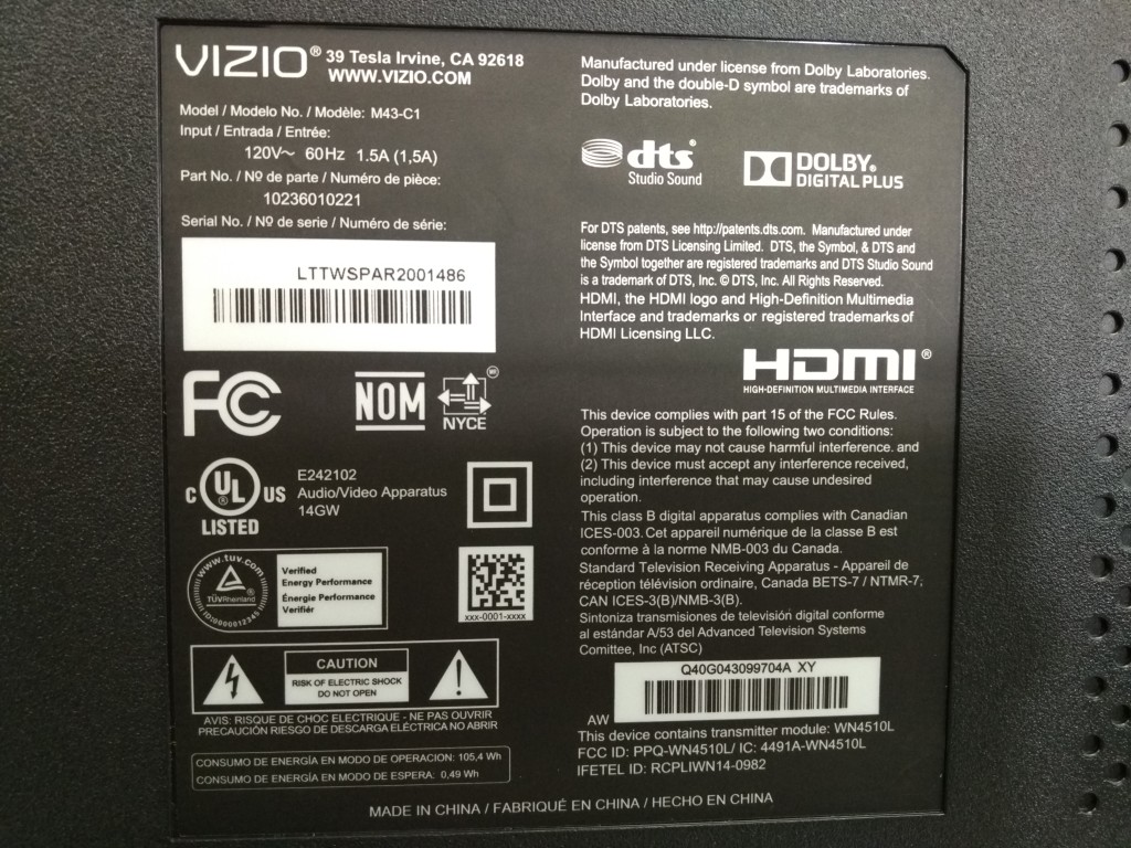 Vizio M-Series 4K Ultra HD Smart TV Back Model Label