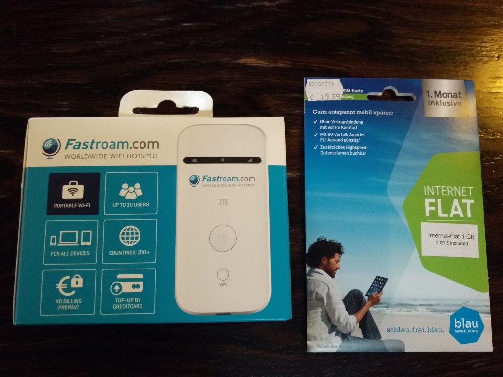 Fastroam ZTE WiFi Hotspot router and Blau SIM card front